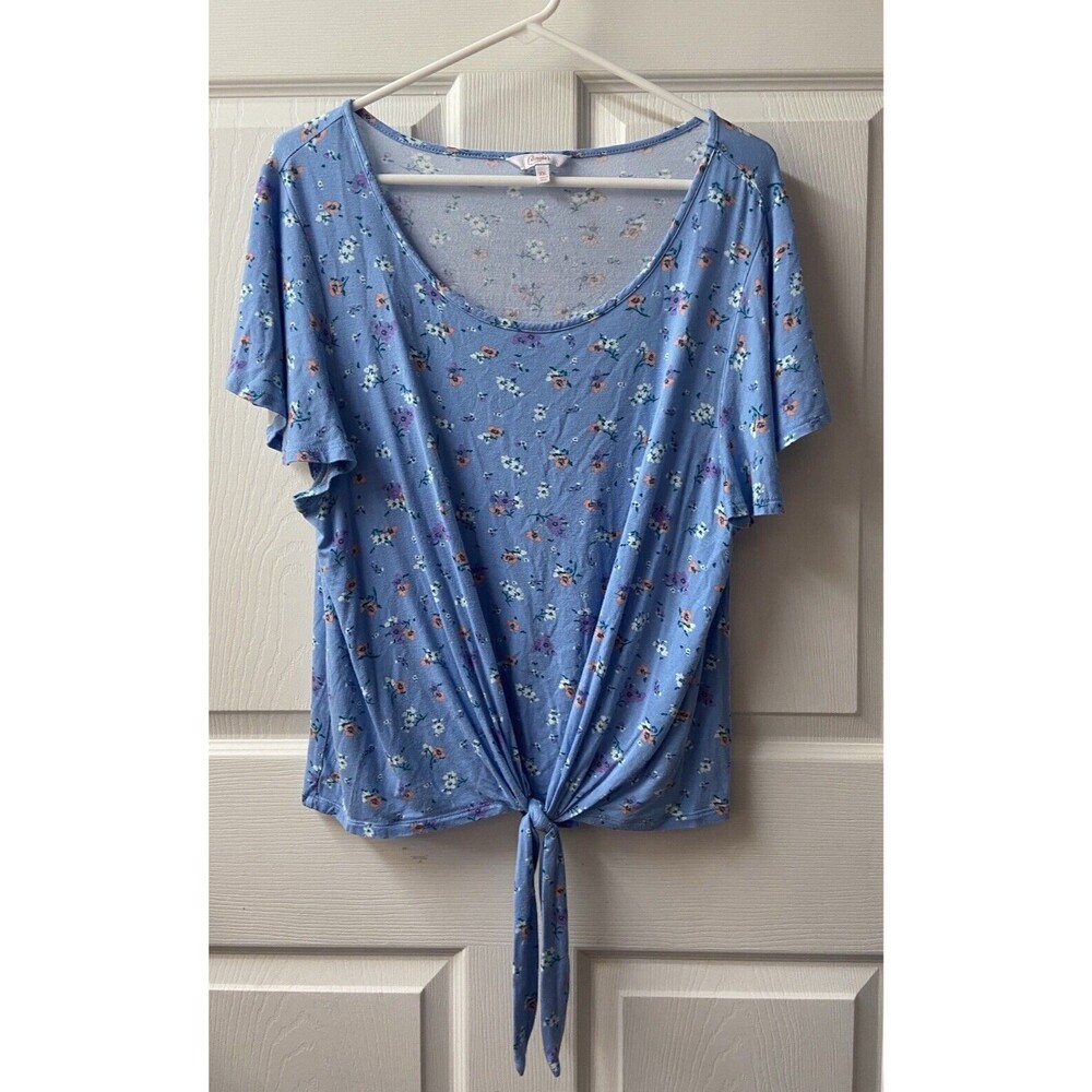 Candies Knit Top Womens XXL Blue Floral Tie Front TShirt Round Neck Short Sleeve